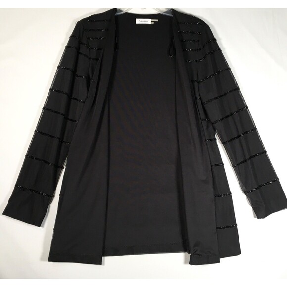 Calvin Klein Womens Large Black Poly Mesh Beaded Line Open Front Coat Cardigan - Picture 5 of 13